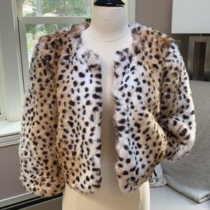 Loft Faux Fur Jacket with 3/4 Sleeves, Side Pockets, and Clasp Closures